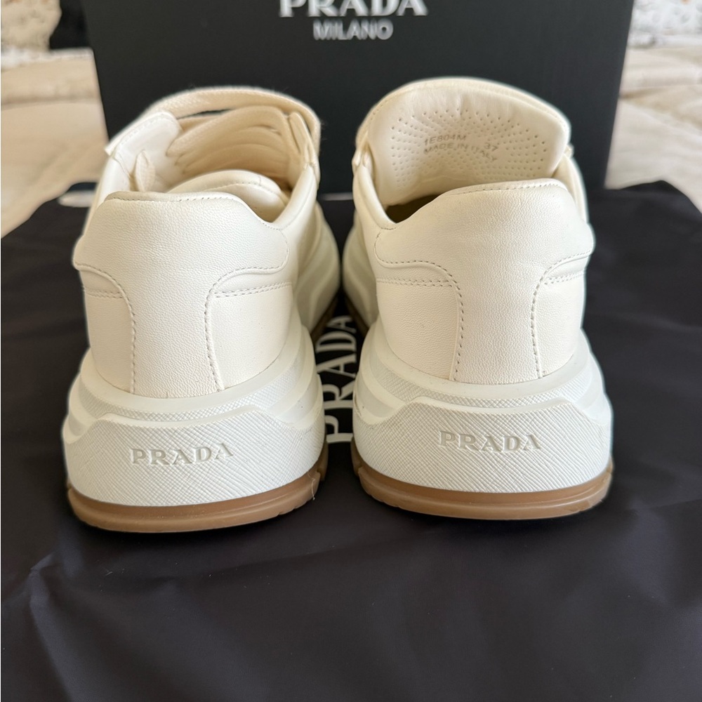 Prada leather Cream Sneakers with Brown Sole - Picture 9 of 15